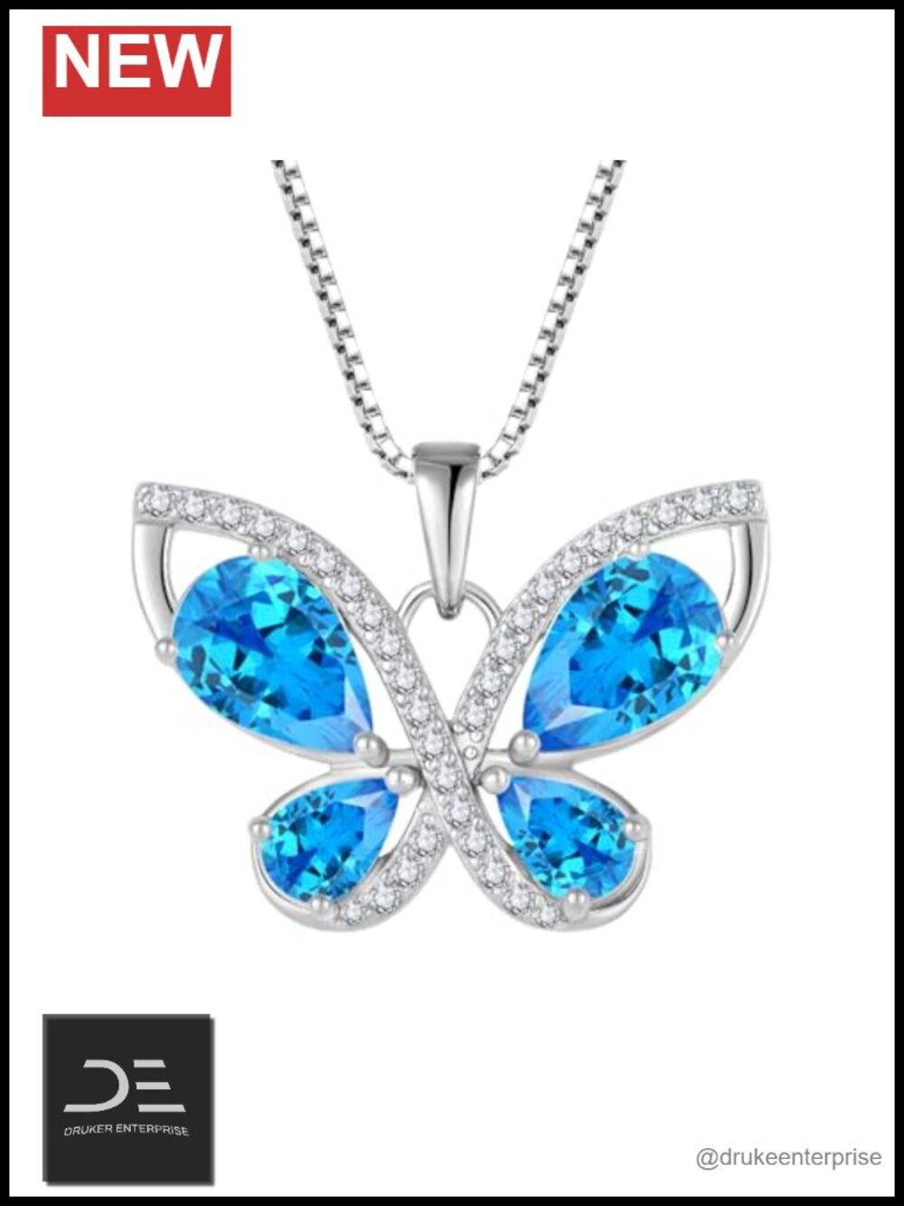 925 Sterling Silver Butterfly Birthstone Pendant Necklace 18k White Gold Plated